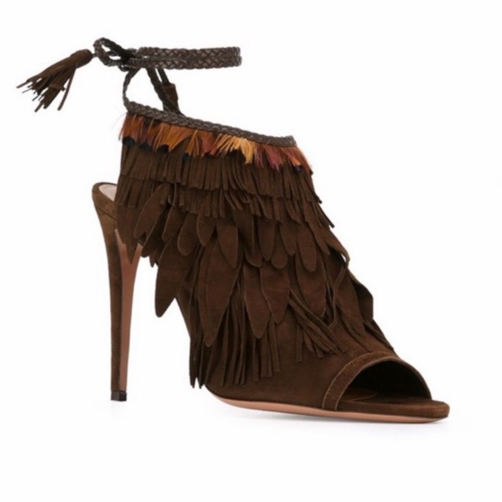 Aquazurra suede feather fringe “Pocahontas” sandal heels